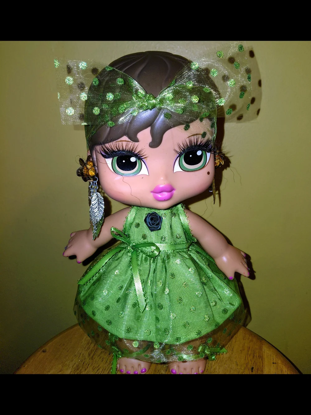 New Handmade Green Polka Dot Dress For Bratz Big Babyz Doll with Headband, 12